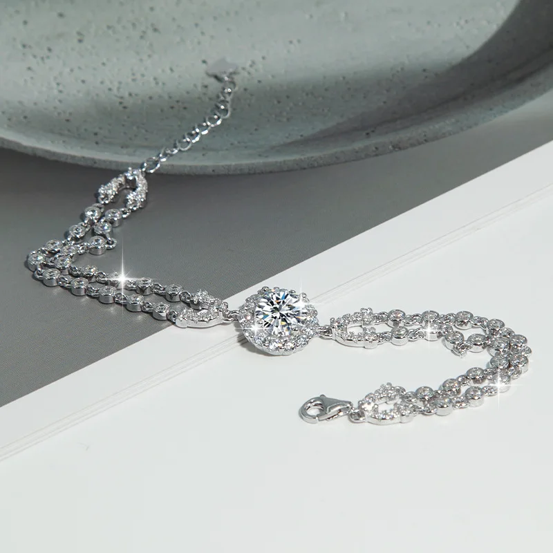 여성을위한 TY 2CT 라운드 Moissanite 팔찌 S925 스털링 실버 팔찌 트렌디 쥬얼리 선물 팔찌 럭셔리 빛나는 팔찌