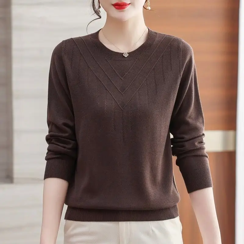 Women's Spring  Autumn Fashion Elegant Round Neck Long Sleeve Pullover Solid Color Linen Casual Versatile Western Commuter Tops