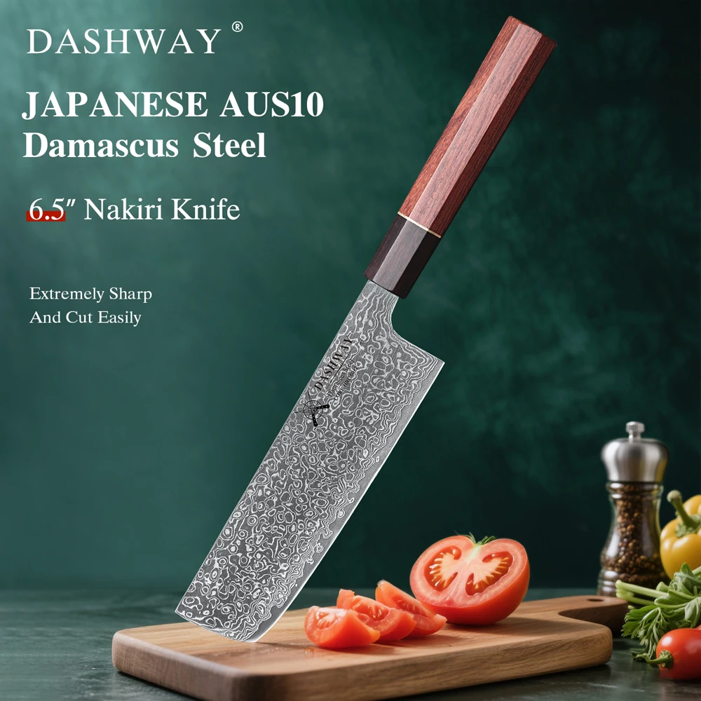 

DASHWAY 6.5" Japanese Style Nakiri Chef Knife Damascus Steel Slicer Meat Vegetable Cleaver Handmade Professional Kitchen Knives
