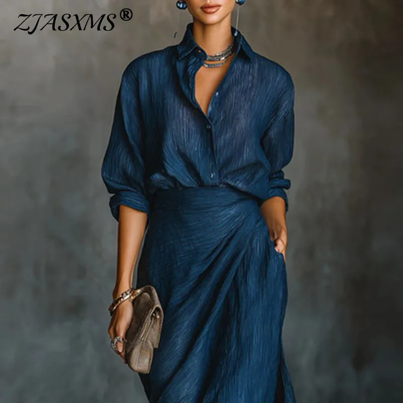 

Модный однотонный плиссированный комплект из 2 предметов, женская одежда, элегантная рубашка с пуговицами и макси-юбка, осенний костюм нестандартной формы с длинными рукавами