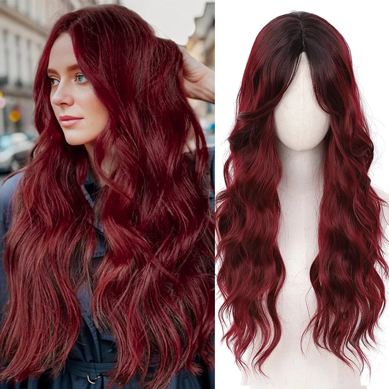 

European and American wigs high temperature silk wigs medium water ripple curly hair burgundy gradual change chemical fiber head