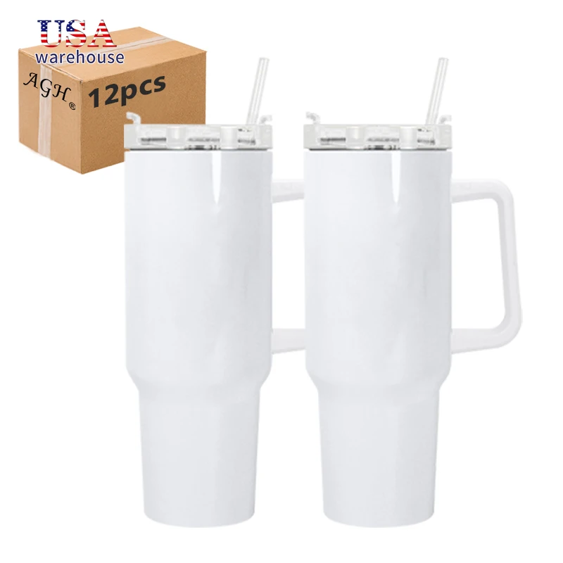 

12pcs All White 40oz Stainless Steel Vacuum Insulated Sublimation Tumbler 40oz Sublimation Coffee Mug with Handle Wang