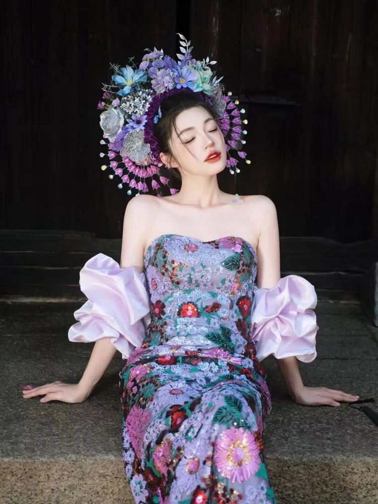 

New Chinese Style Long Evening Gown National Photography Costume Floral Hairpin Popular Travel Photography Clothing
