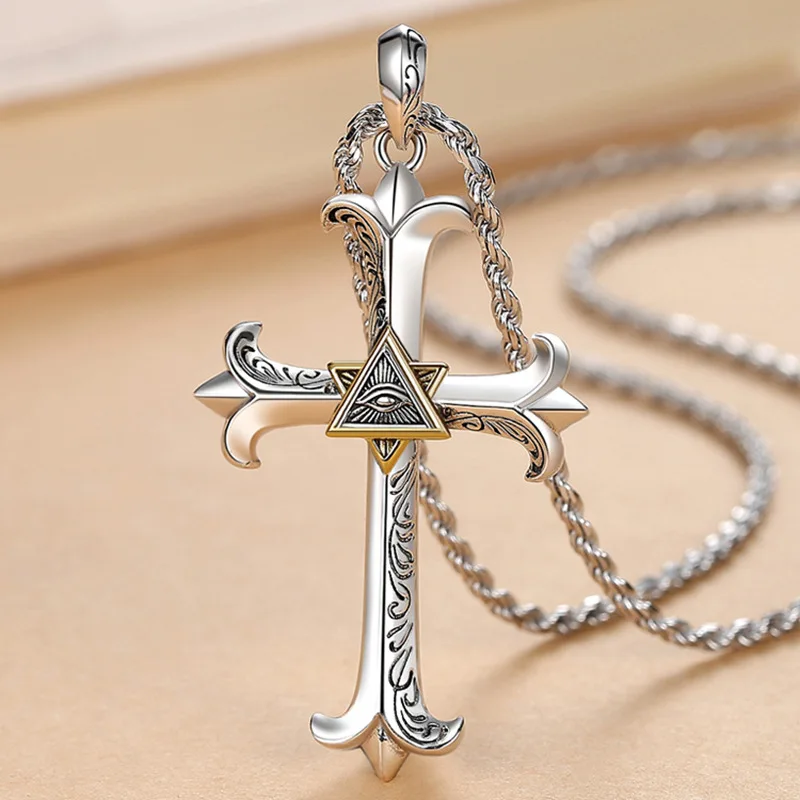 Eye of God Cross Pendant male hipster European and American fashion personality Hip Hop retro necklace female male hipster