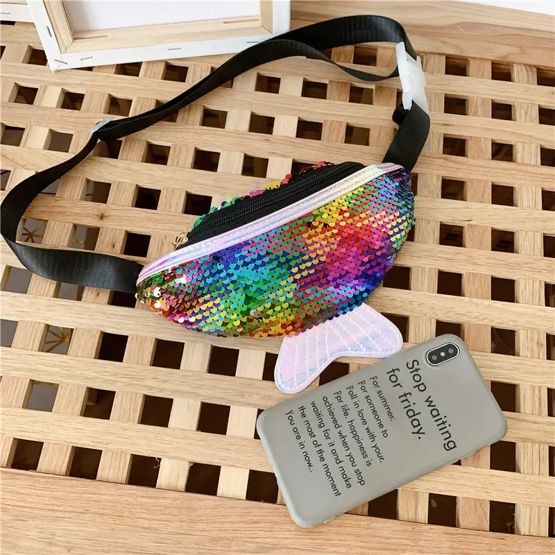 Fashion Kids Bag Sequin Fanny Pack for Girl 2022 Summer Coin Purse Small Belt Bag Shiny Mermaid Waist Pack Children Beach Bags