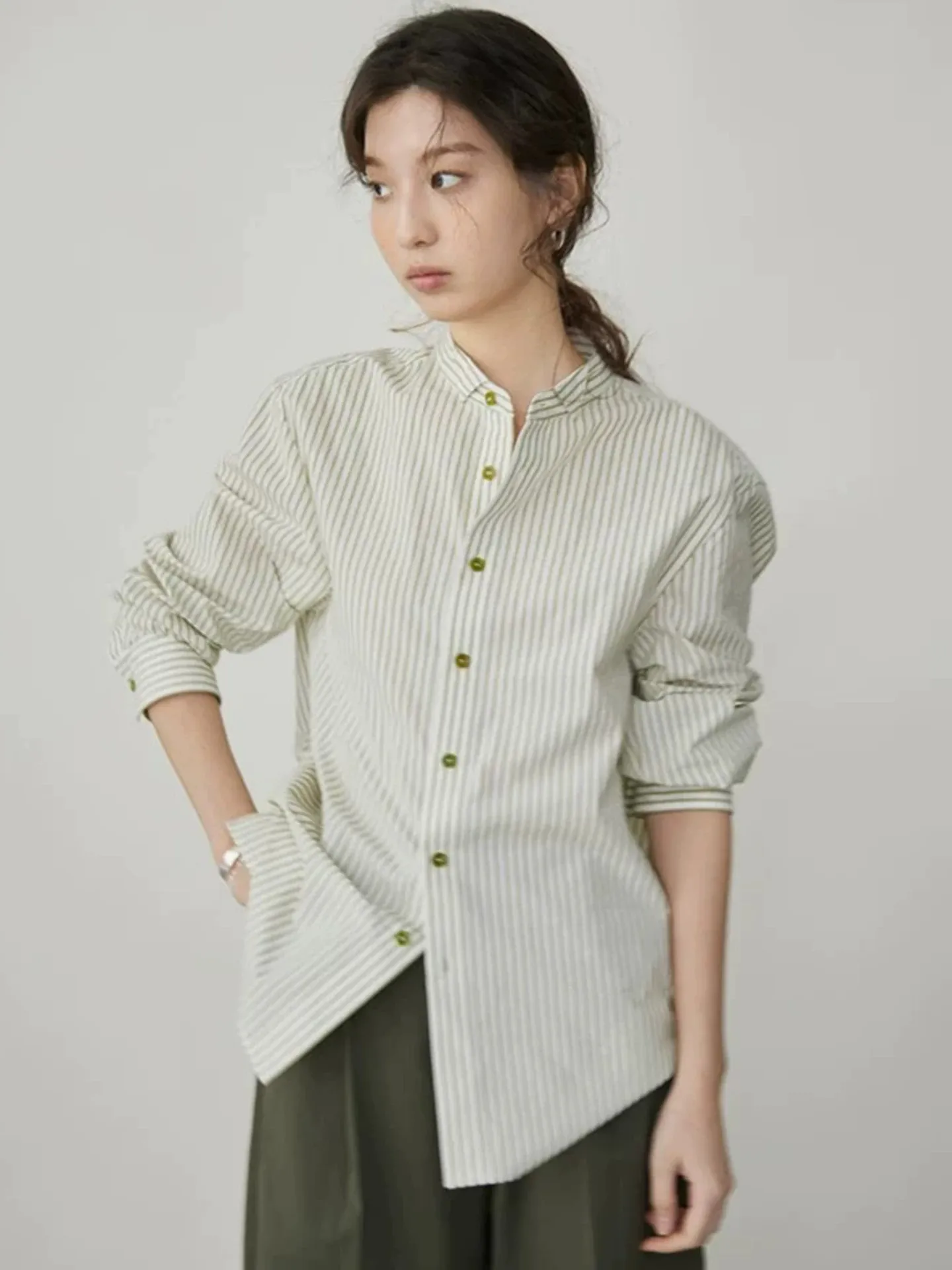 Retro Green Striped Stand Collar Loose Women's Shirt Slimming Versatile Top for Autumn Elegant Style Long Sleeve Button up