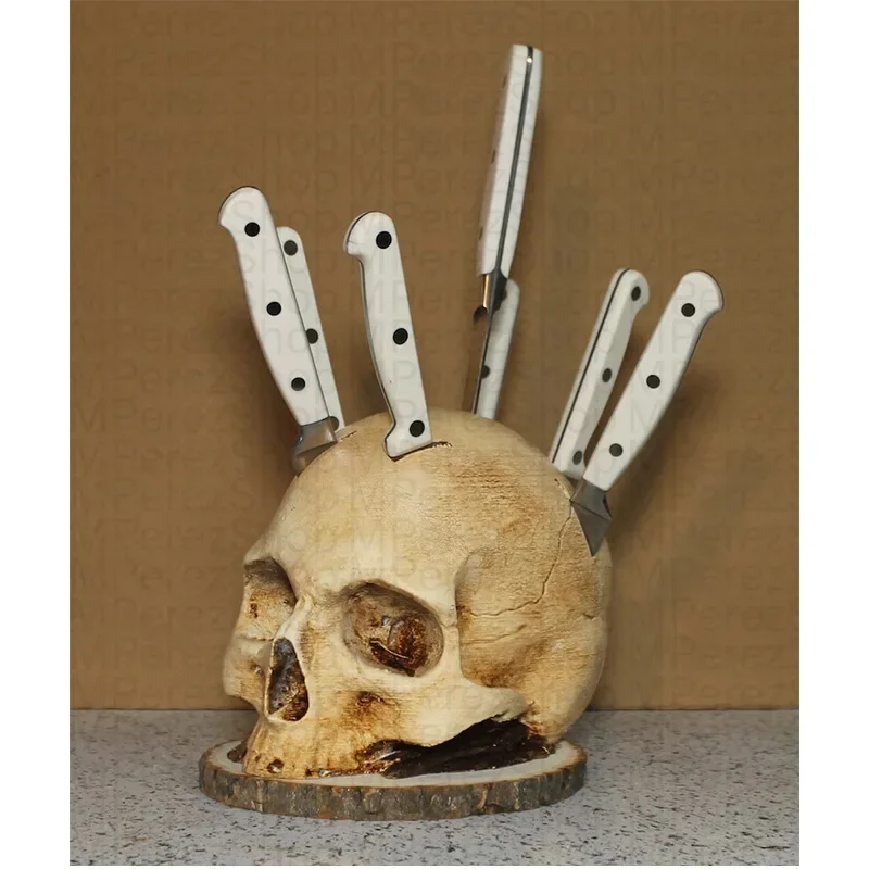 

Kitchen Knives Holder Skull Skeleton Knives Stand Scary Party Storage Rack Decoration Horror Head Rack Knives Organizer