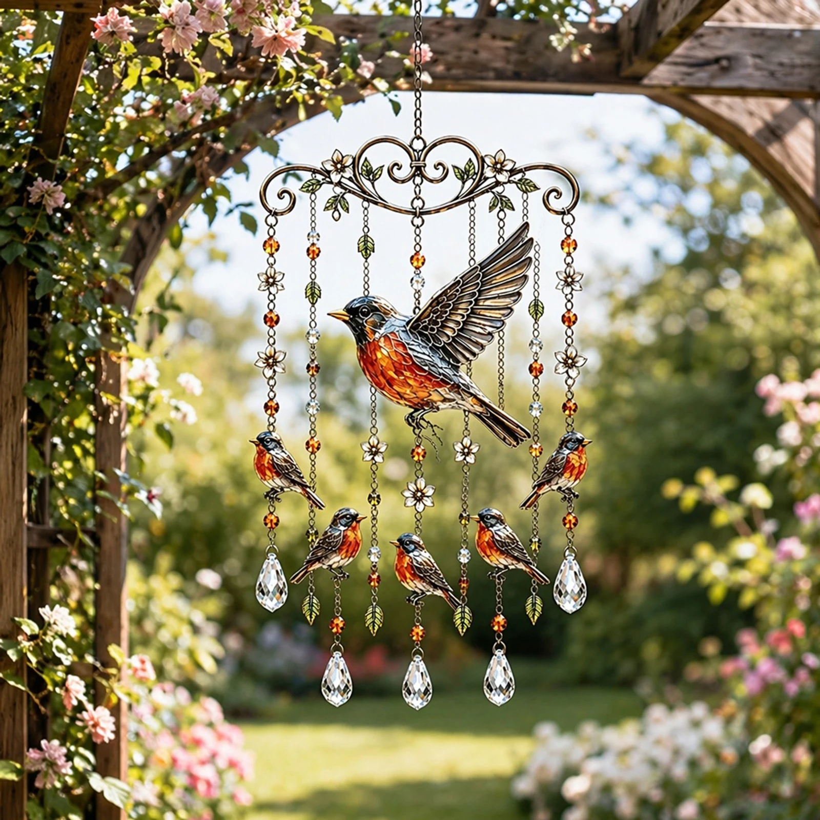 Stained Glass & Crystal Sun Catcher Windchime Metal Hanging Wind Chimes for Women Mothers Day Birthday Memorial Gifts