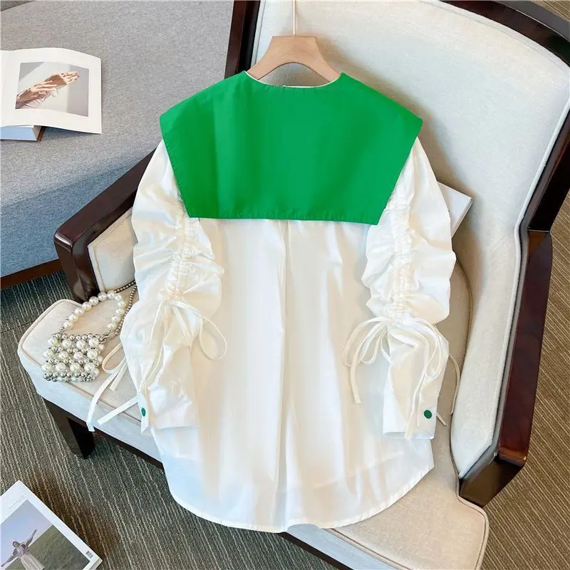 Casual Turn-down Collar Loose Blouse Spring Autumn Spliced Female Clothing Single-breasted Stylish Shirring Drawstring Shirt New