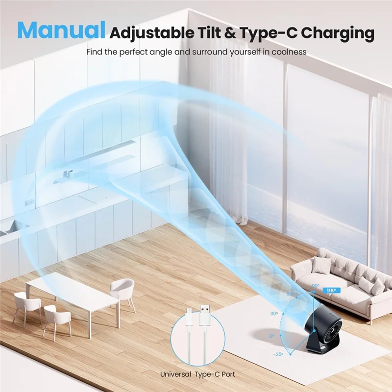 ABJY-배터리 작동식 책상 팬, 사무실, 가정용 조용한 디스플레이 휴대용 팬, 100 속도 115 °   틸트 테이블 팬