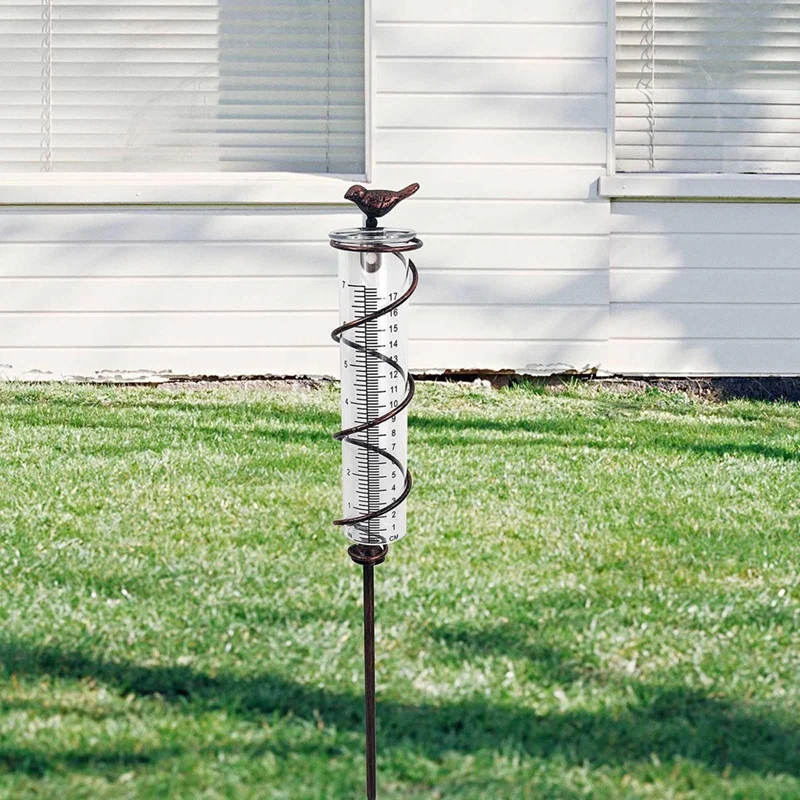 7L Capacity Glass Spiral Rain Gauge,Cast Iron Bird Hanging Rain Gauge,Garden Rain Water Meter Measuring With Metal Frame