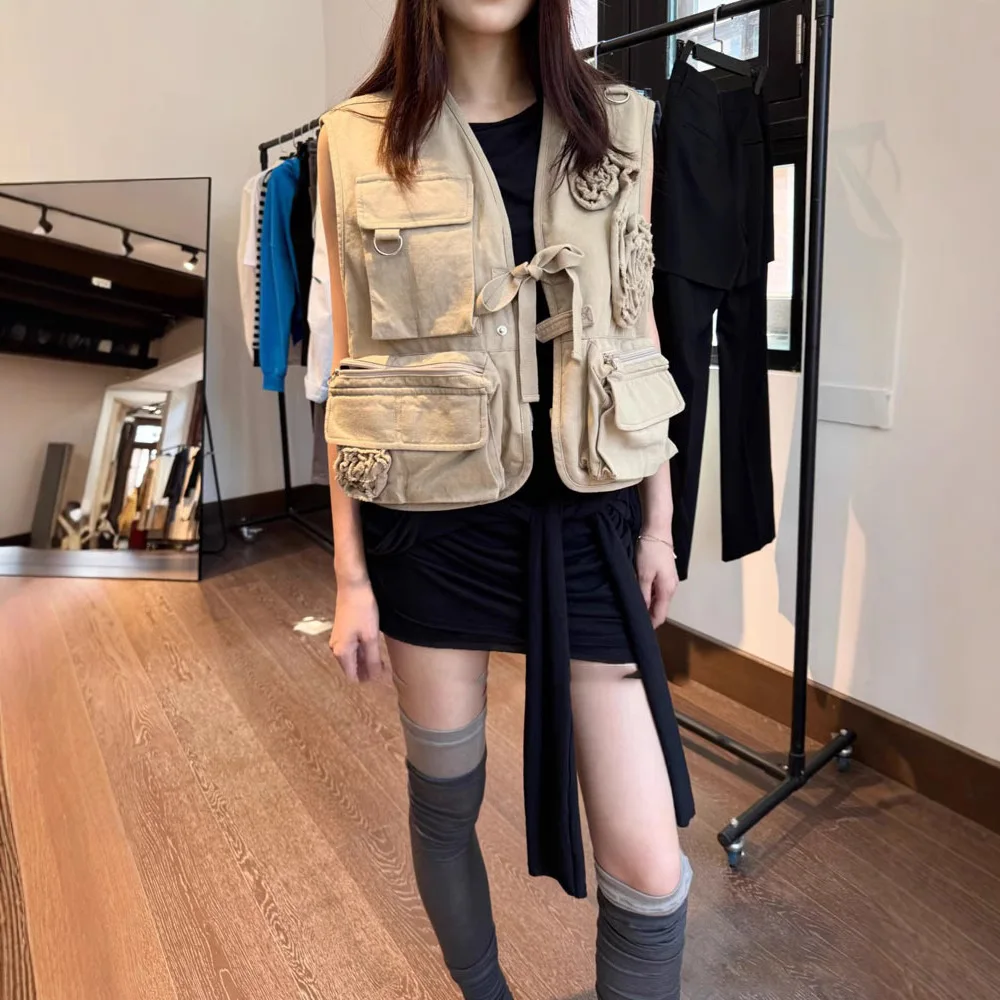 Large pocket cardigan vestthree-dimensional rose jacket women's retro workwearmulti-pocket top