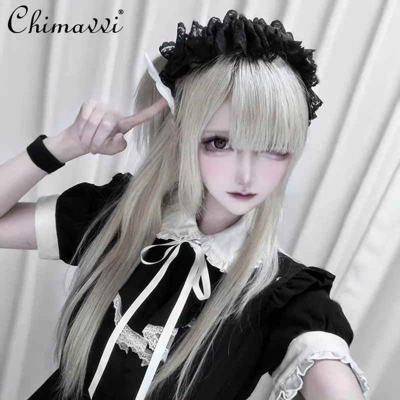 

Japanese Sweet Cool Girl Handmade Plush Angel Wings Lace Headband 2025 New Gothic Style Black and White Headwear Women