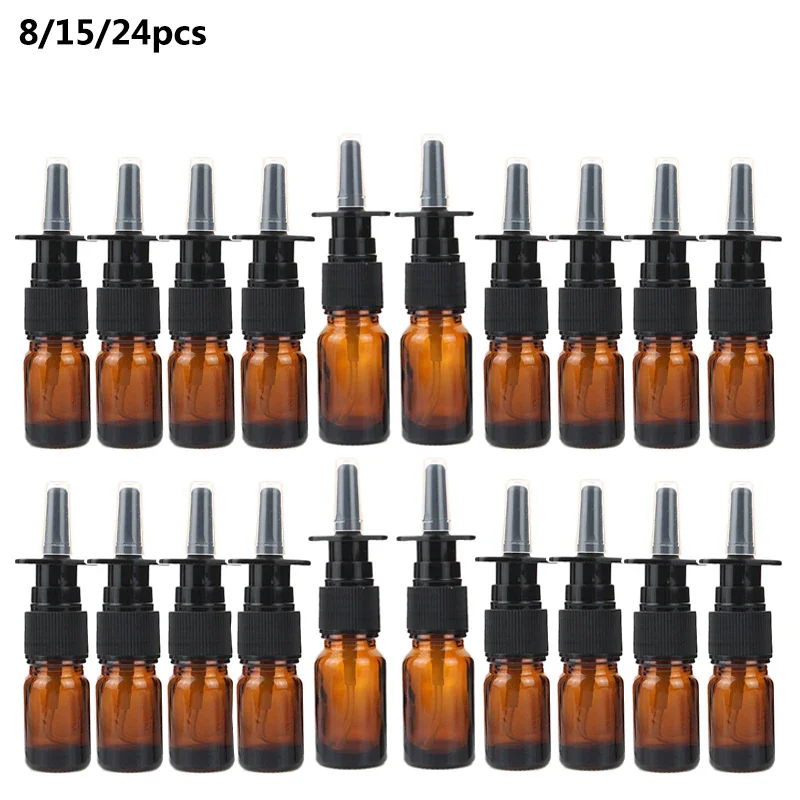 8/15/24pcs 5ml 10ml Amber Nasal Spray Bottle Glass with Fine Nose Mist Sprayer Press Spray Head Empty Refillable Glass Bottles