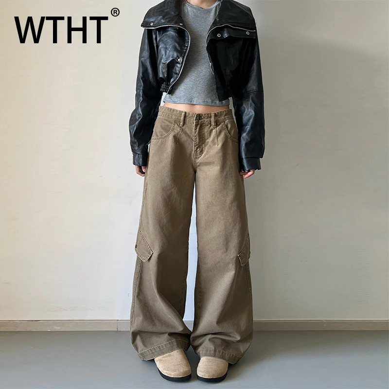 

WTHT модные мужские однотонные лоскутные брюки-карго в винтажном американском стиле, широкие брюки, мужские, зима 2025 г., 2A2546