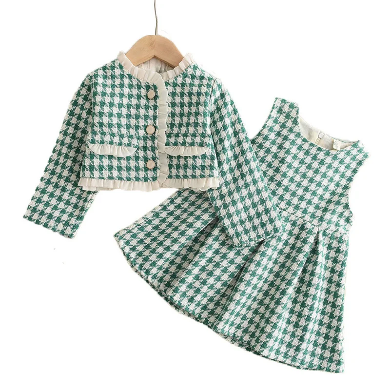Children's Outfit Skirt New Spring and Autumn Fashionable Girls' Houndstooth Lace Trim Jacket Vest Skirt Two-Piece Set