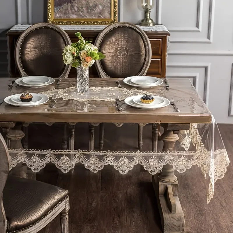 1pcs Dining Table Cloth Non-Wash PVC Non-Slip Lace Border Table Cover Coffee Table Cover Dining Mat for Kitchen Restaurant Decor