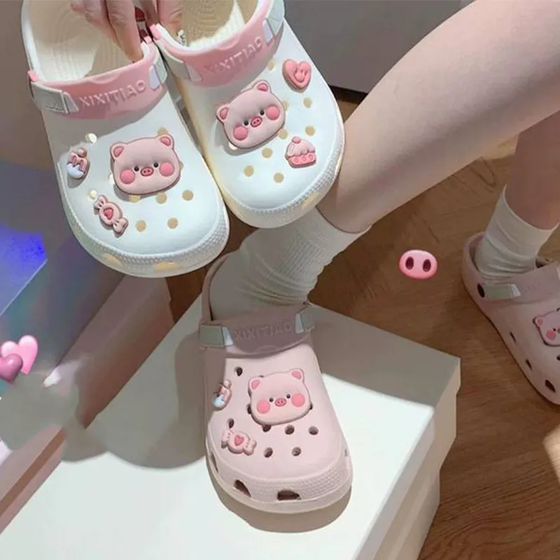 Summer Women's Hole Shoes 2024 Fashion Cute Cartoon Accessories Hole Slippers Indoor Anti Slip Sandals Slippers Thick High Heels