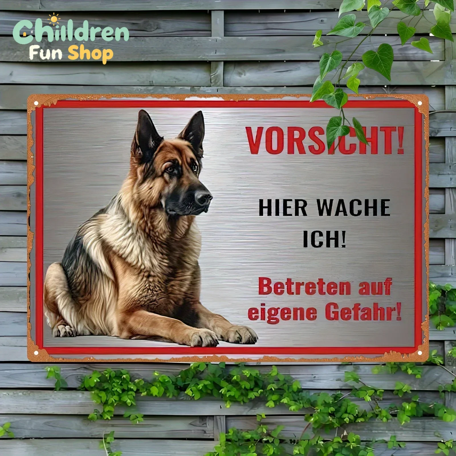 Vintage Metal Warning Sign with German Shepherd - Beware of Dog Decor in German (