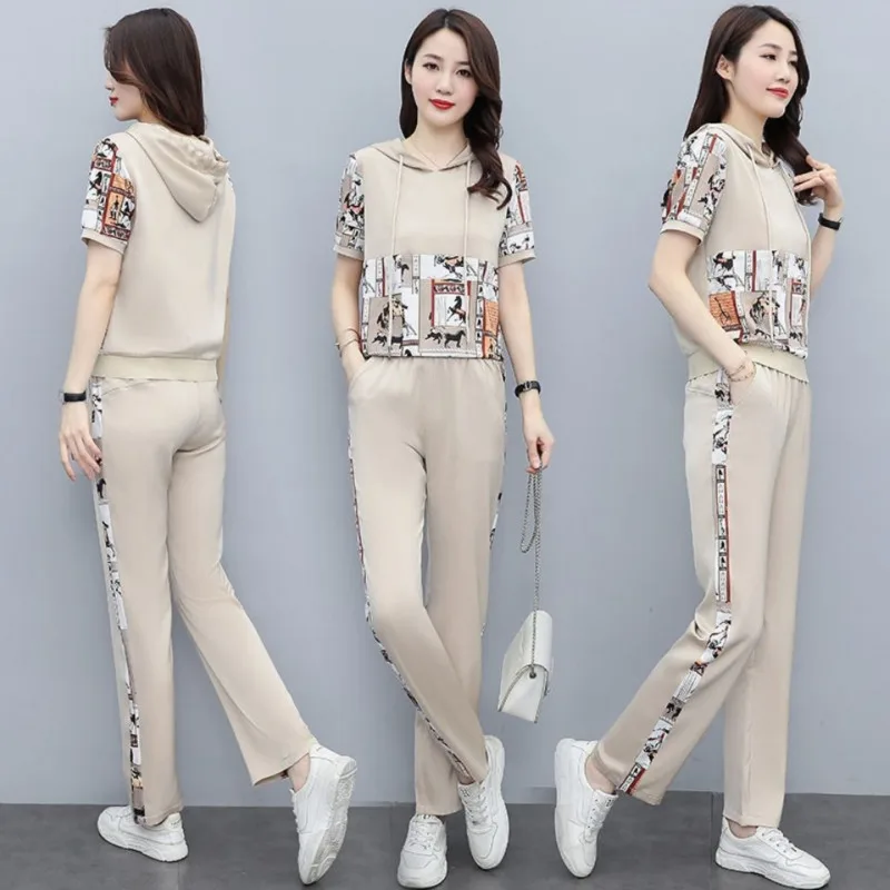 2024 Summer New Fashion Suit Female Korean Casual Loose Short Sleeve Hooded T-shirt Tops Straight Pants Two Piece Set For Women