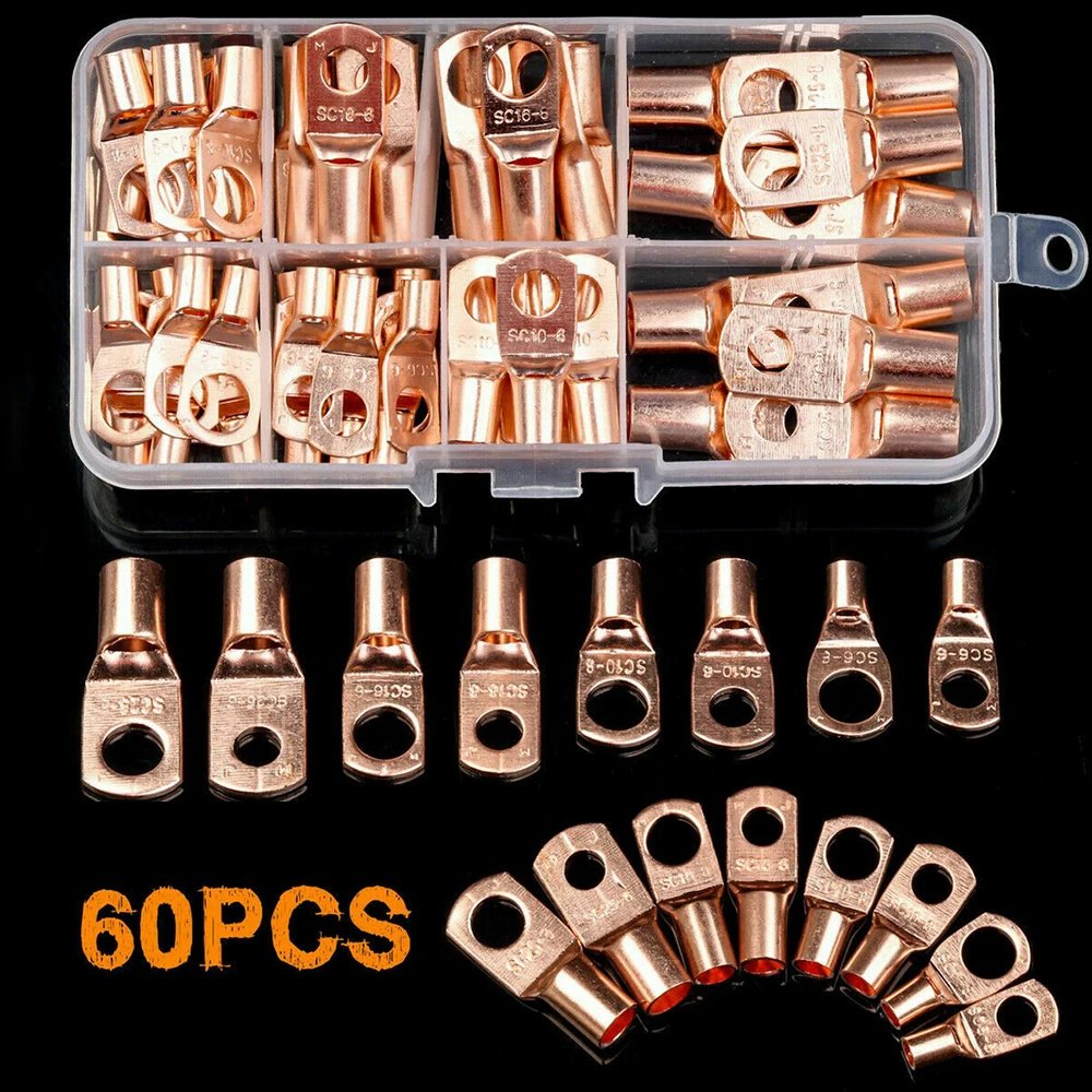 

60 Piece Solder Connector Kit, Copper Ferrule, For Automotive, Crimp Terminal, Battery Terminal, Bare Cable