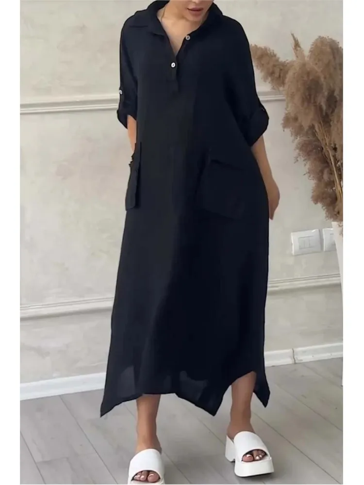 Luźna koszula na co dzień Sukienki dla kobiet Modna długa sukienka z klapami i kieszeniami Wiosna Jesień Sukienka z pełnym rękawem Vintage Kobiece Vestidos