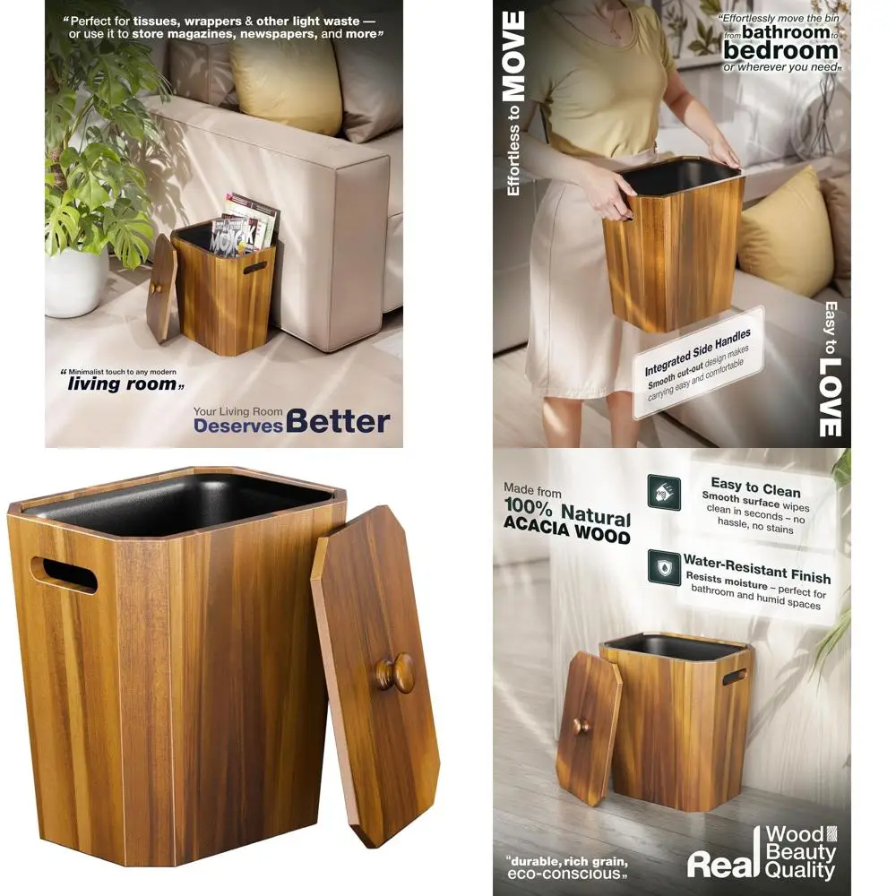 

Acacia Wood Wastebasket with Lid and Plastic Bin - Small Decorative Trash Can for Home or Office