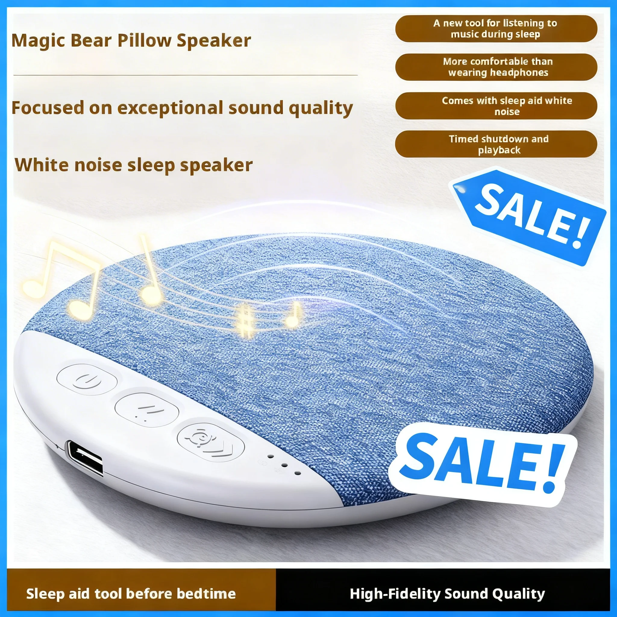 1pcs Bedroom Pillow Speaker for Sleeping Multi-Functional Bl