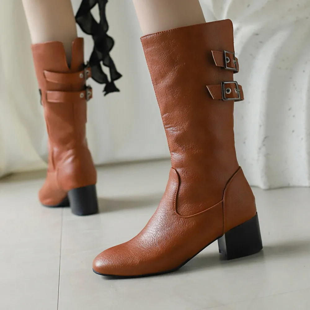 Mid calf boots women fashion belt buckle round toe thick high heels inner zipper party dress casual big size 48 49 50 T106-5 - view 3