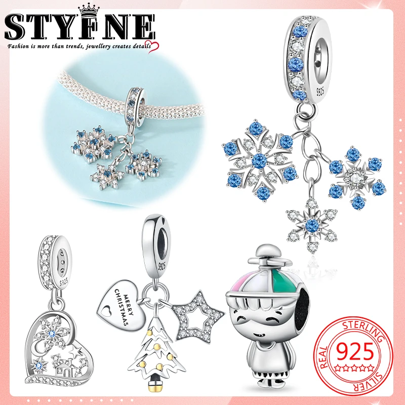 Symbols 2025 NEW Year Beads 925 Sterling Silver Blue Snowflake Heart Snowflake Christmas Tree Charms Bracelets Jewelry