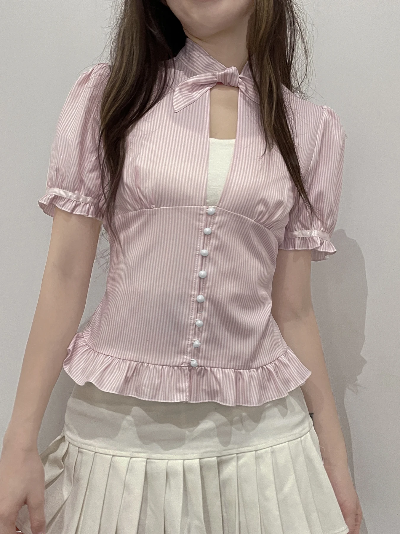 Rockmoer Sweet Cute Striped Tie-up Cutout Shirts y2k Coquette Korean Ruffles Short Sleeve Tee Shirt Casual Button Up Tops Women