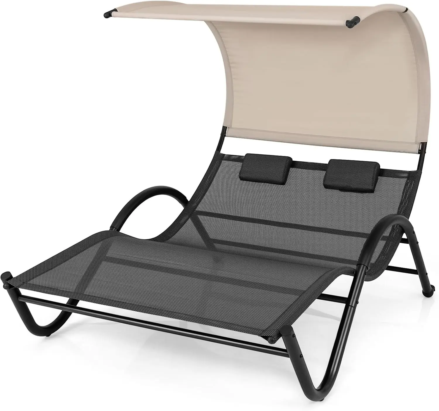 2 Person Lounge Chair with Canopy, Outdoor Chaise Lounge with 2 Detachable Pillows, UPF50+ Extra Large Double Patio Ham