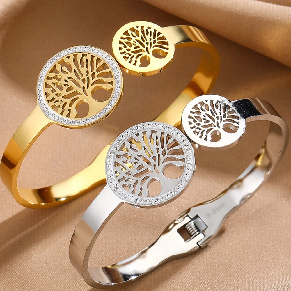 Luxo Árvore da Vida Braceletes Abertos Cuff, Aço Inoxidável, Banhado A Ouro, Pulseira Fivela Primavera, Não-Desvanecimento Jóias, Acessórios de Pulso