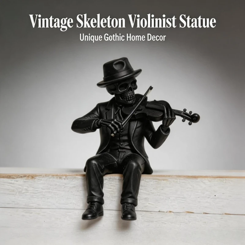 Gothic Skeleton Violin Player Figurines Vintage Elegant Musician Statues Seated Skeleton Ornaments for Shelves Nightstands Gifts
