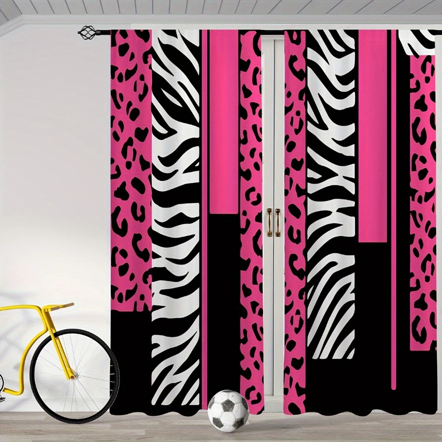 2PCS Digital Print  Curtain, Pink White Zebra Leopard, Botanical Print Window Drape for Living Room Bedroom Home Decor