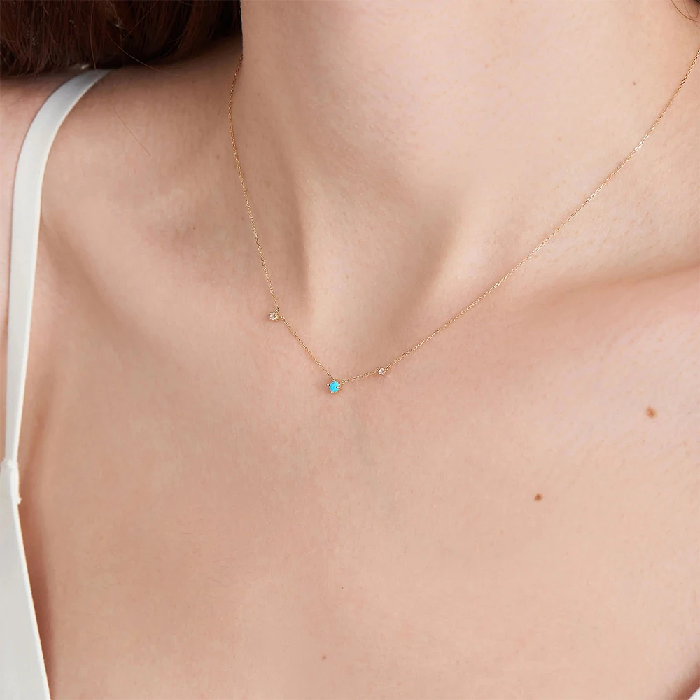 ROXI 925 Sterling Silver Chain Clavicle Necklaces Micro Inlaid Turquoise Zircon Stackable Wedding Engagement Necklace For Women