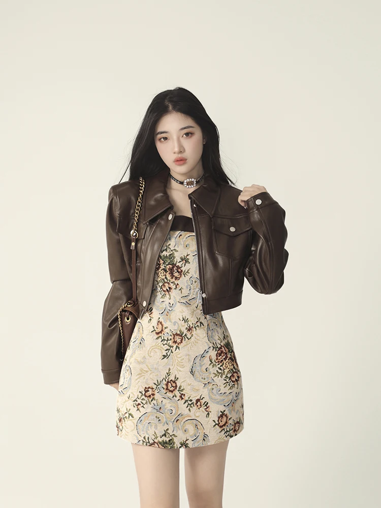 Cool Girl Attitude ort Pelle marrone Jaet Donna Autunno Taglia piccola trapuntata in pelle PU Top da pendolarismo Sle Lunga cerniera sve