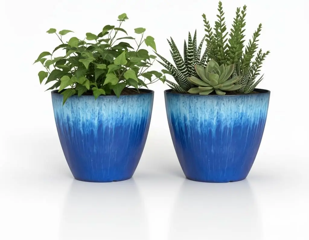 

Pack of 2 Flower Pots, 8 inch Plastic Plant Pots with Drainage Holes, Glossy Modern Planter for Indoor Outdoor Plants, Blue