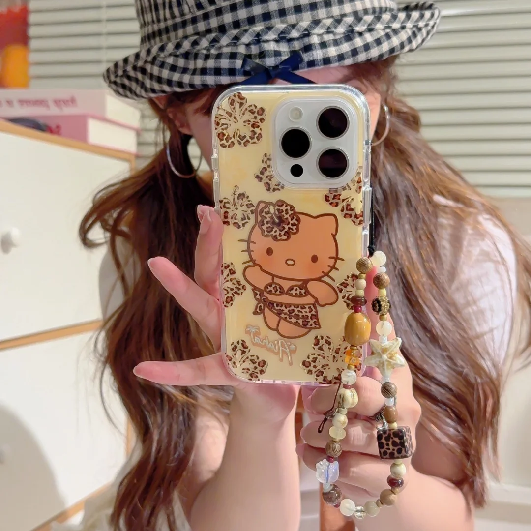 Vintage lindo leopardo Bikini Hello Kitty pulsera accesorio funda de teléfono para iPhone 16 E 15 14 13 Pro Max Y2K cubierta ﻿ ﻿