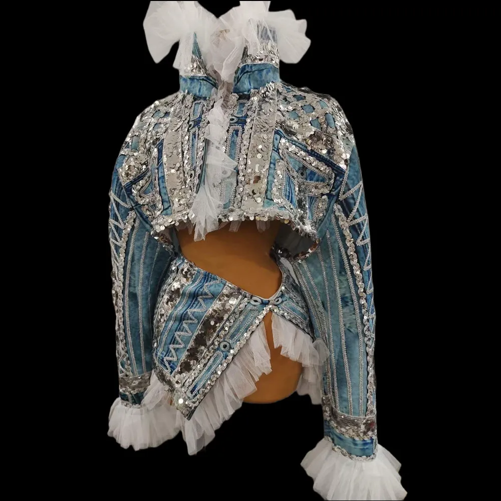 Veste en jean à paillettes brillantes pour femmes, gaze blanche, vêtements de défilé de mode sexy, costume de chanteur de scène, vêtements de club de fête, 2 pièces