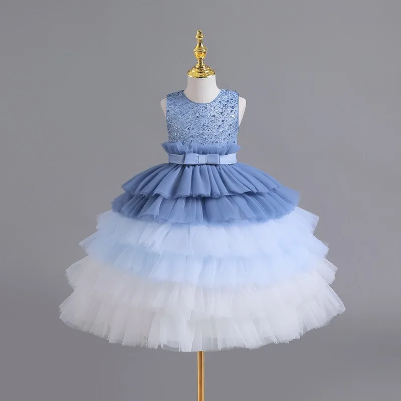 Top Formal Gown Blue Ombre Tiered Tulle Flower Girl Dress Sequin Top Sleeveless Cake Dress for Kids Birthday Party Pageant