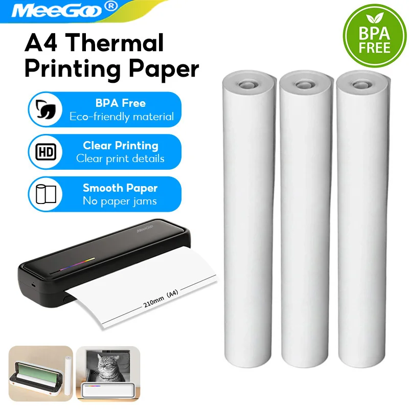 MeeGoo Thermal Paper for Portable Thermal Printer BPF Free Material Safe High Quality Printing Paper Roll 1Roll/3Roll/5Roll A4