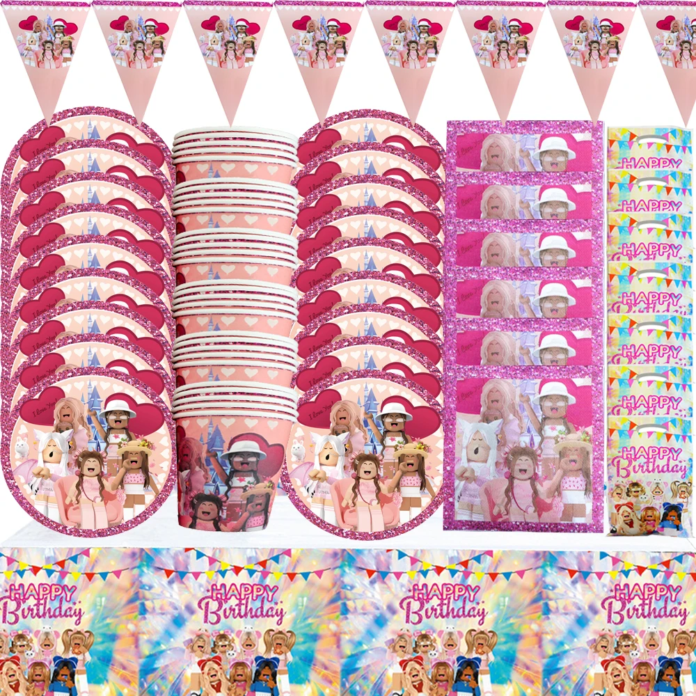 

Pink Roblox Birthday Party Decorations backdrop Game Celebration Party Balloons Disposable Tableware Plate Toys for children