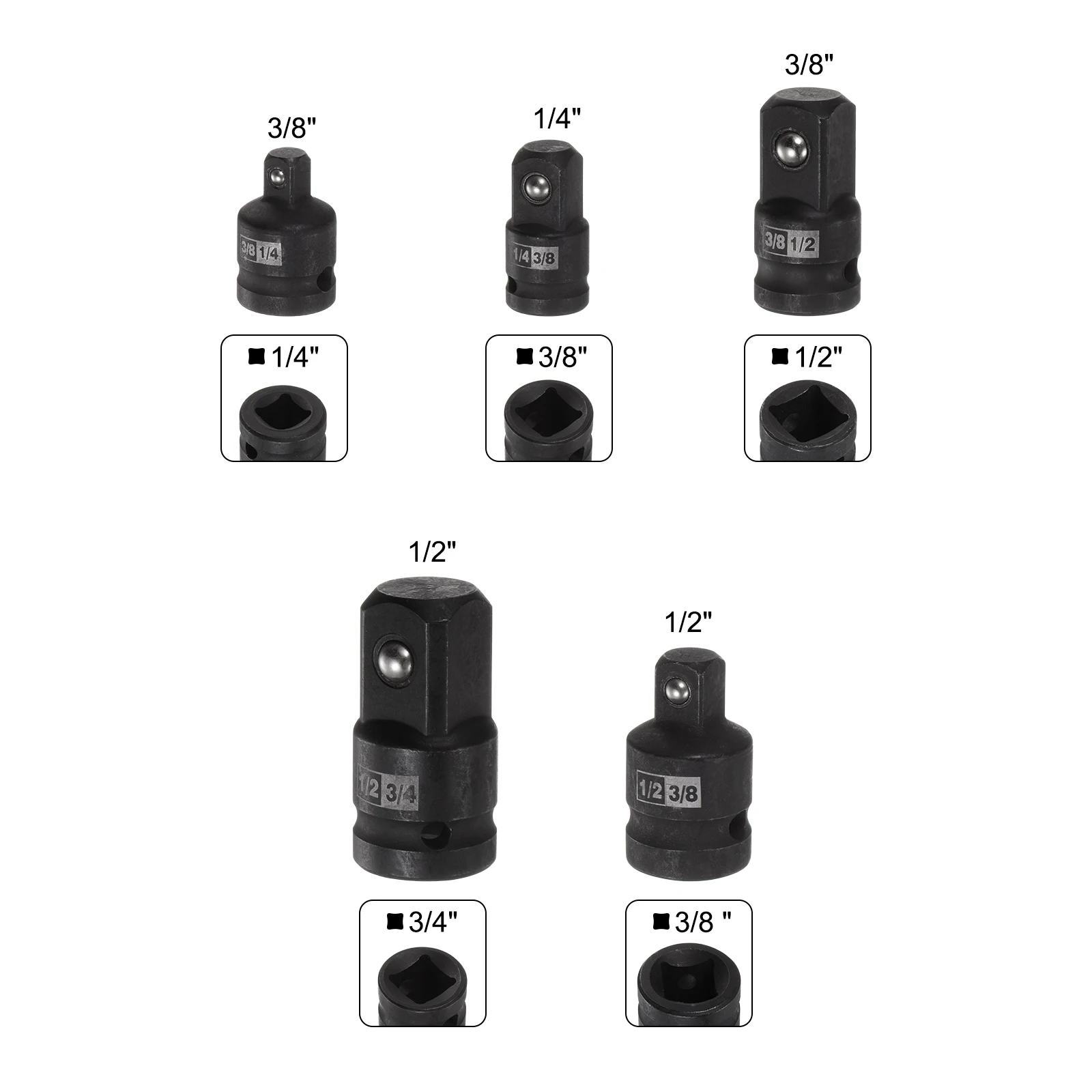 Uxcell-Juego de llaves de tubo de impacto, adaptador de 5 piezas, 1/4 pulgadas, 3/8 pulgadas, 1/2 pulgadas, acero CR-V para controlador de impacto