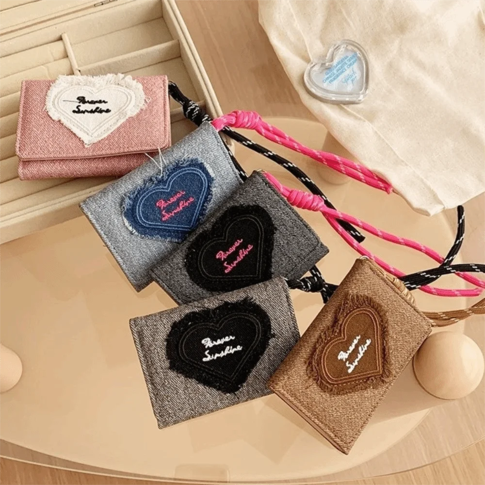 Fashion PU Leather Tri-fold Wallet Canvas with Lanyard Leather Card Holder Multiple Card Slots Short Three Fold Wallet Shopping