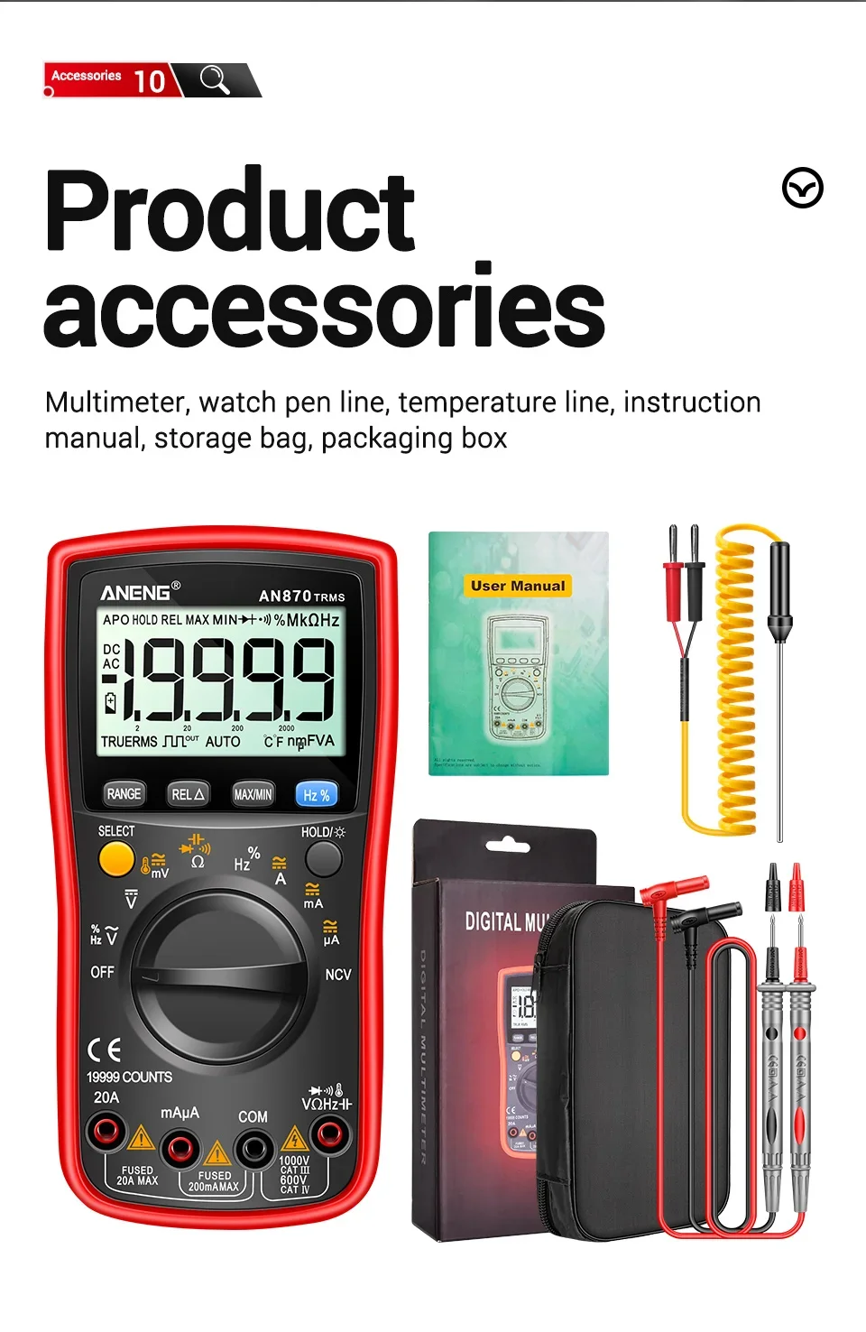 ANENG AN870 Smart Multimeter Digital Profesional 19999 Zählt AC Spannung Tester Strom NCV Kapazität Widerstand Ohm Test Tool – Detail 27