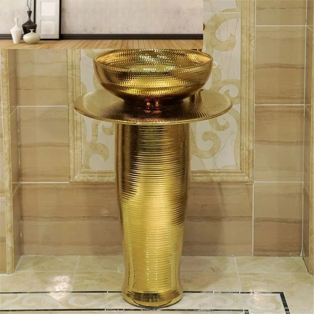 Luxury Golden Color Bathrooms Sink Porcelain Sinks Home Decoration Ceramic Gold Color Standing Vanity with Mirror