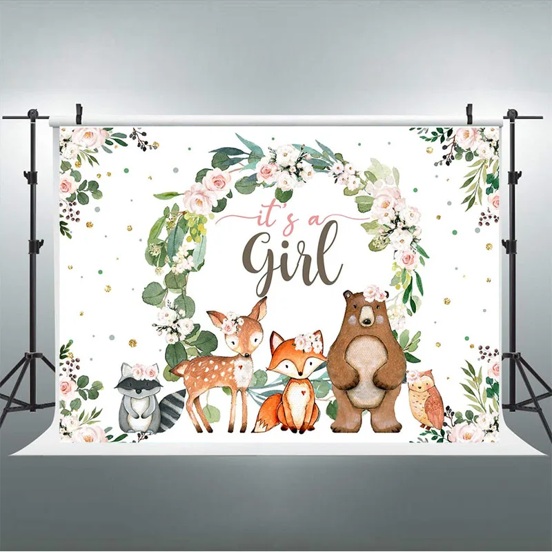 It's A Girl Baby Shower Backdrop Woodland Animal Theme Party Decorations Banner Green Leaf Flowers Photography Background Props