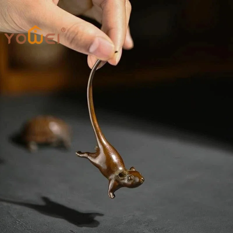 Latest Long Tail Mouse Miniature Figurine Chinese Style Tea Pet Vintage Pure Copper Rat Ornament Home Decoration Accessories