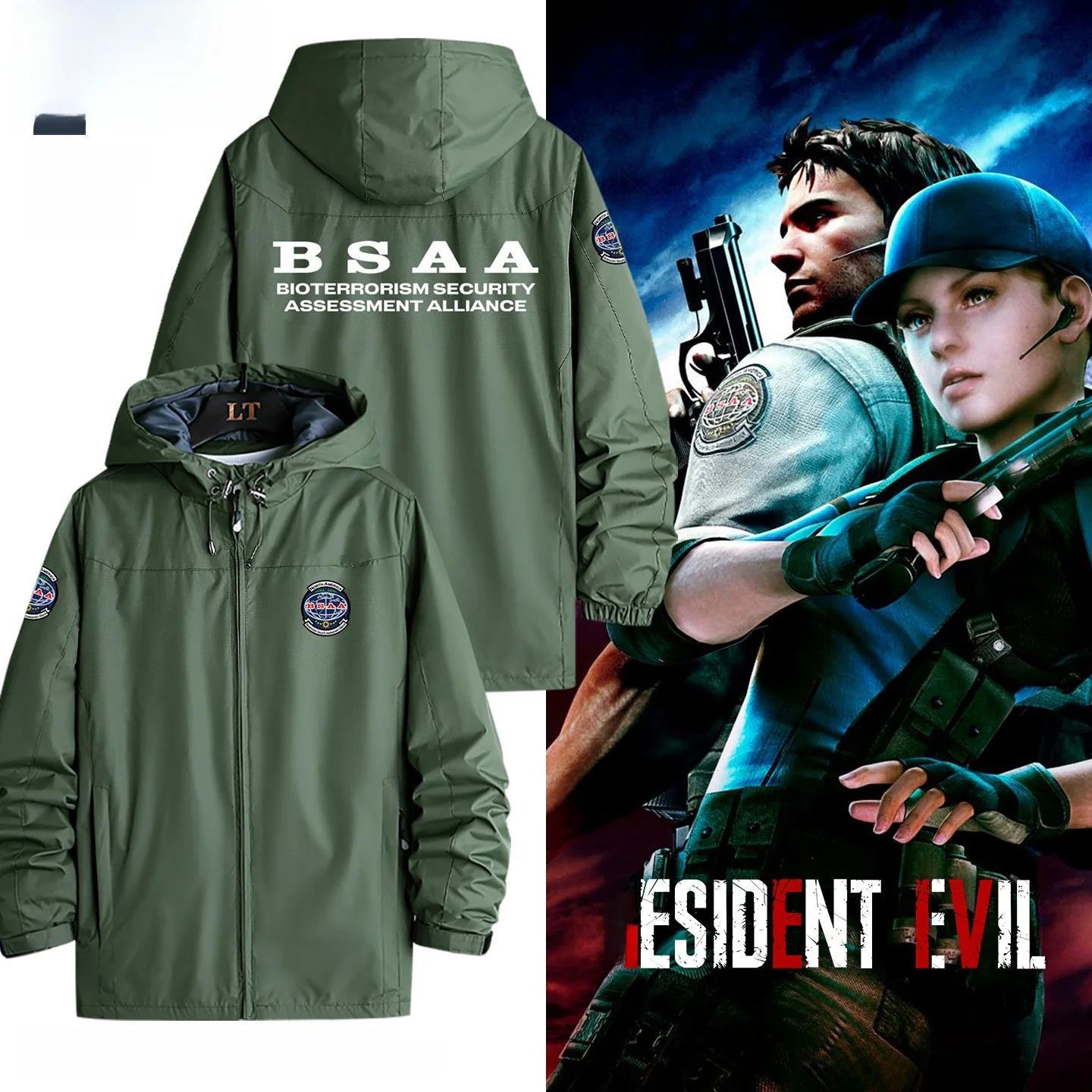 

Biohazard Game BSAA Organization Men's Jaet Tactical Winter Military een Tee-in-One Parka Loose Fit Zipper Decorated Pr...